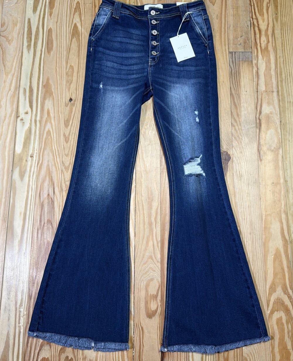 KANCAN High Rise Flare Bell Bottom Fringe Button Fly Distressed Jeans 9/28 NWT